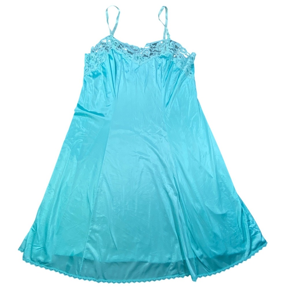 Vintage Slip Dress Womens 48 XL Blue Floral Lace Detail Satin Sleepwear 80s USA